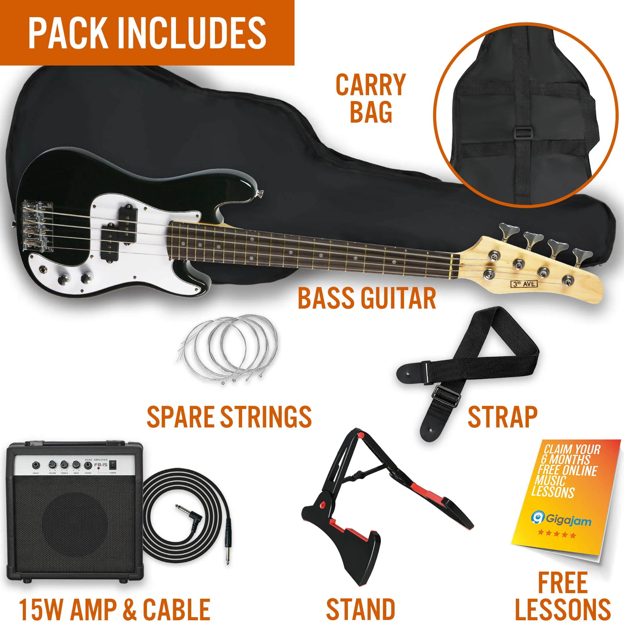 3rd Avenue 3/4 Bass Guitar Pack - Black - Image 3