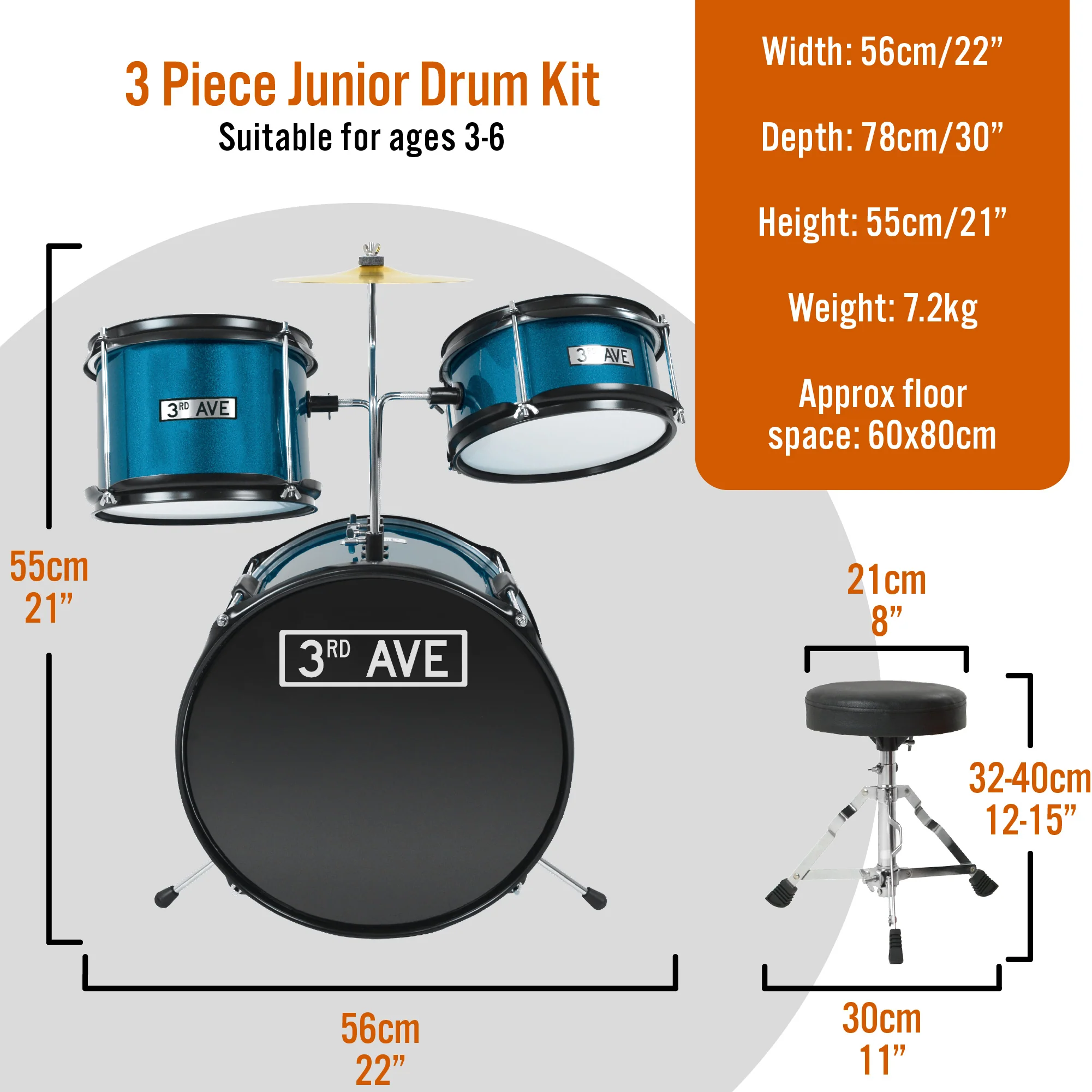 3rd Avenue 3 Piece Junior Drum Kit - Image 10