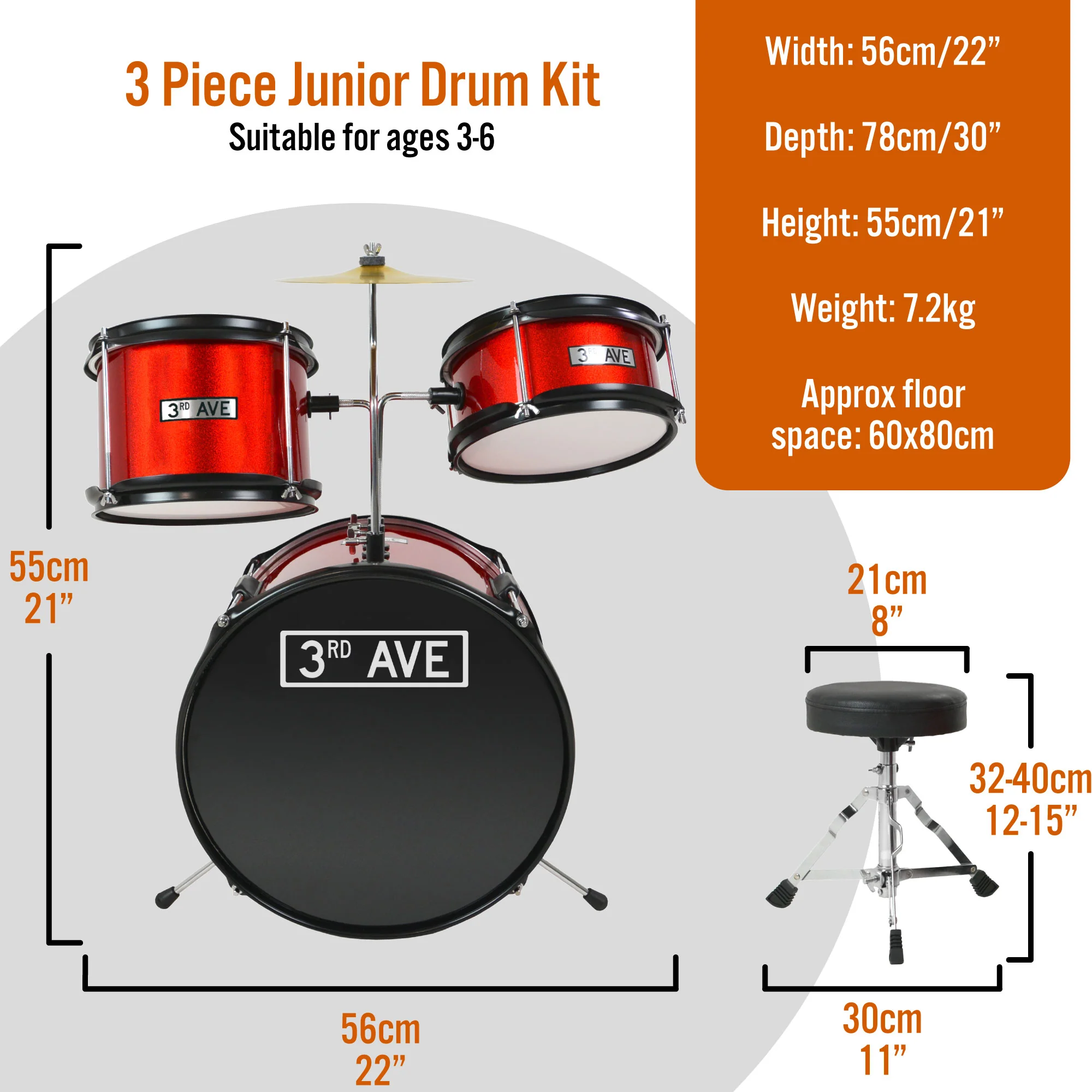 3rd Avenue 3 Piece Junior Drum Kit - Image 4