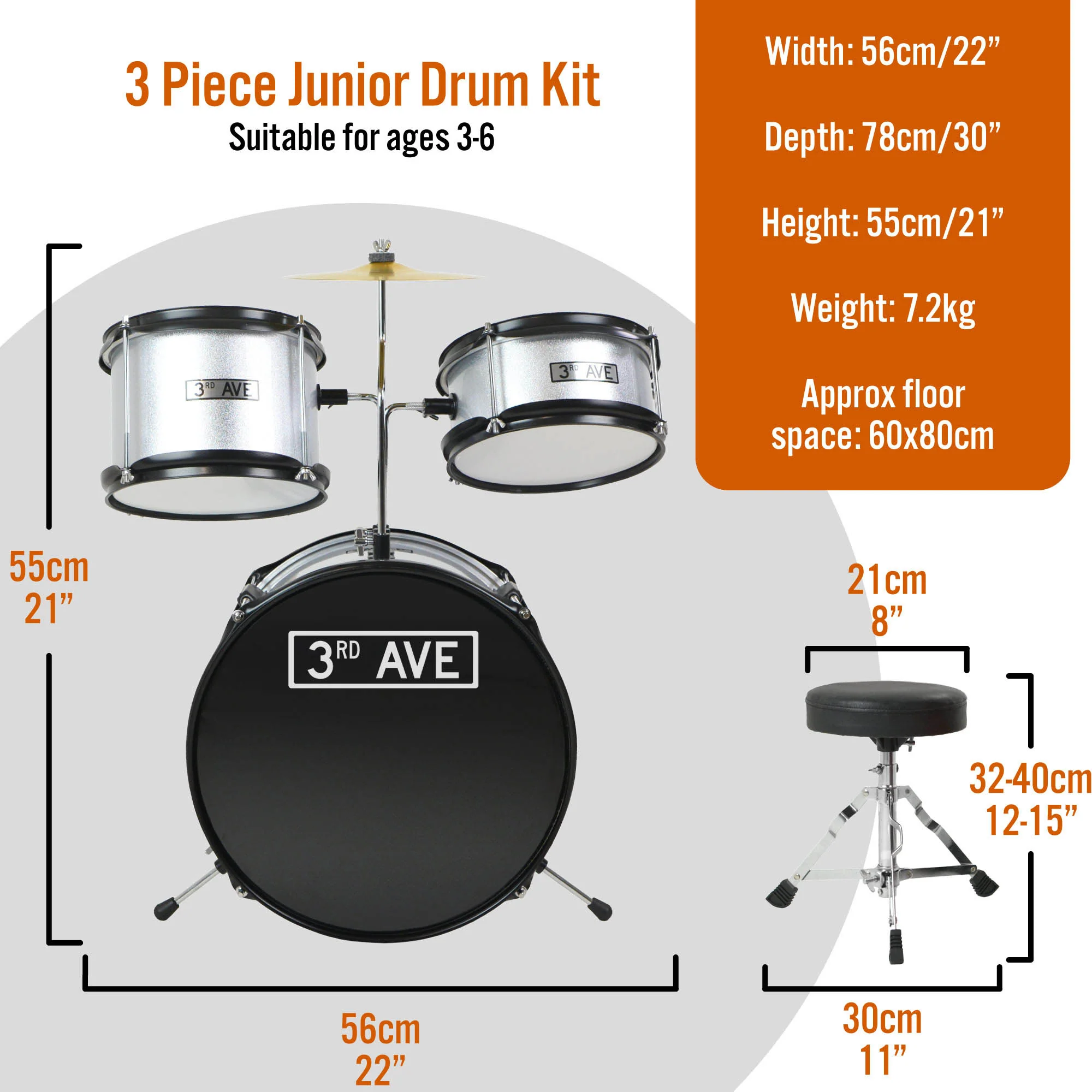 3rd Avenue 3 Piece Junior Drum Kit - Image 7