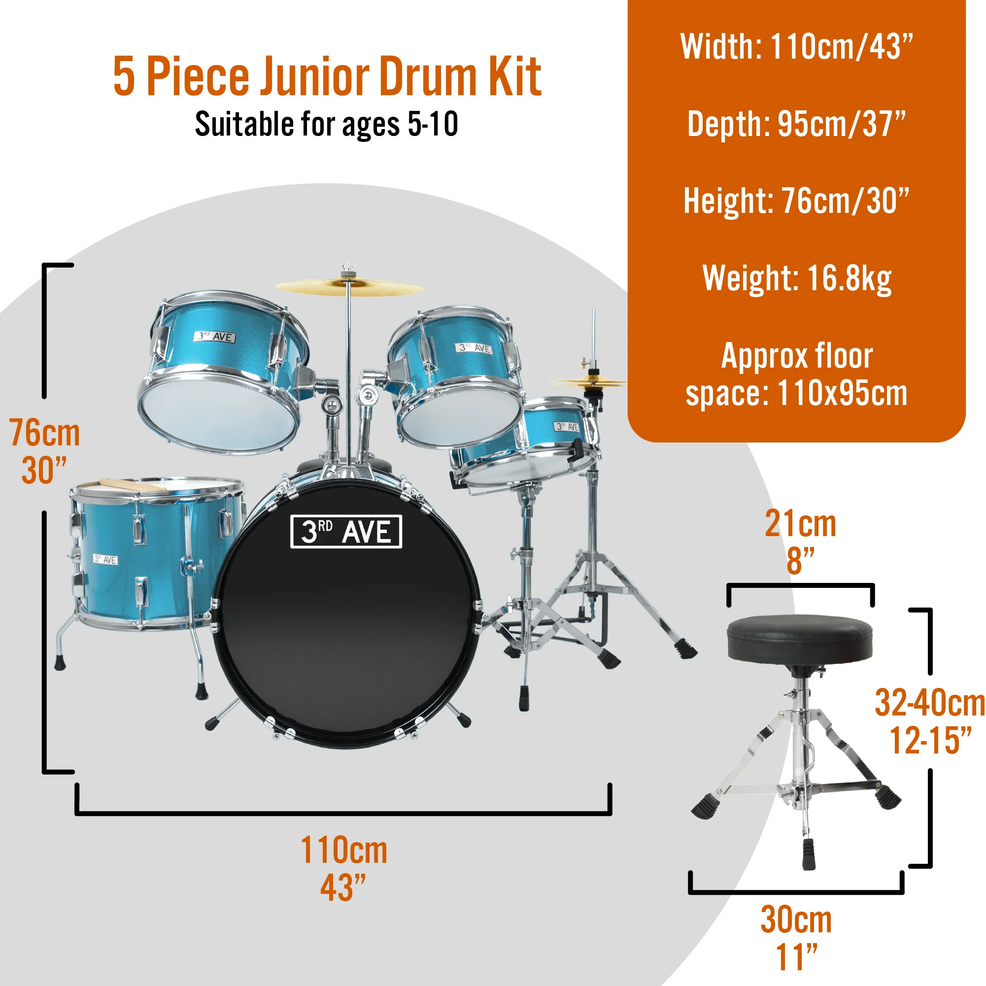 3rd Avenue 5 Piece Junior Drum Kit - Image 10