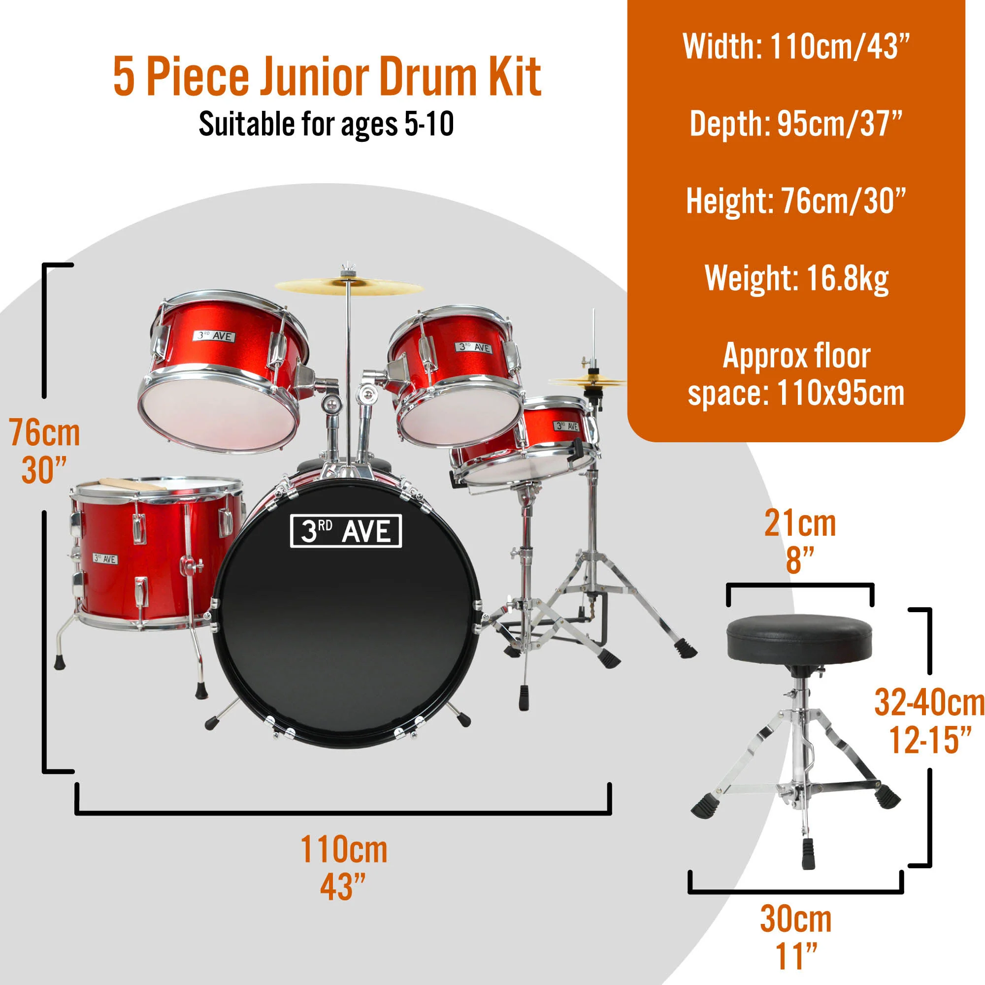 3rd Avenue 5 Piece Junior Drum Kit - Image 4