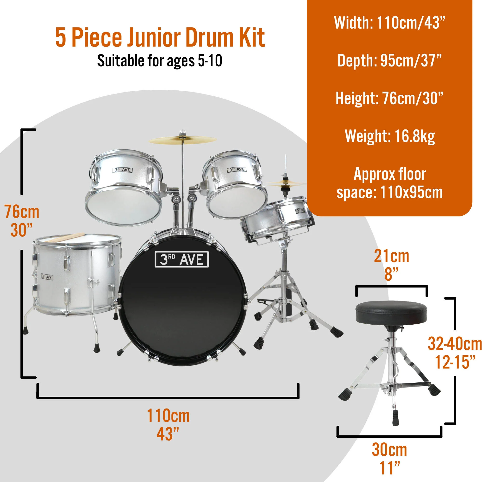 3rd Avenue 5 Piece Junior Drum Kit - Image 7