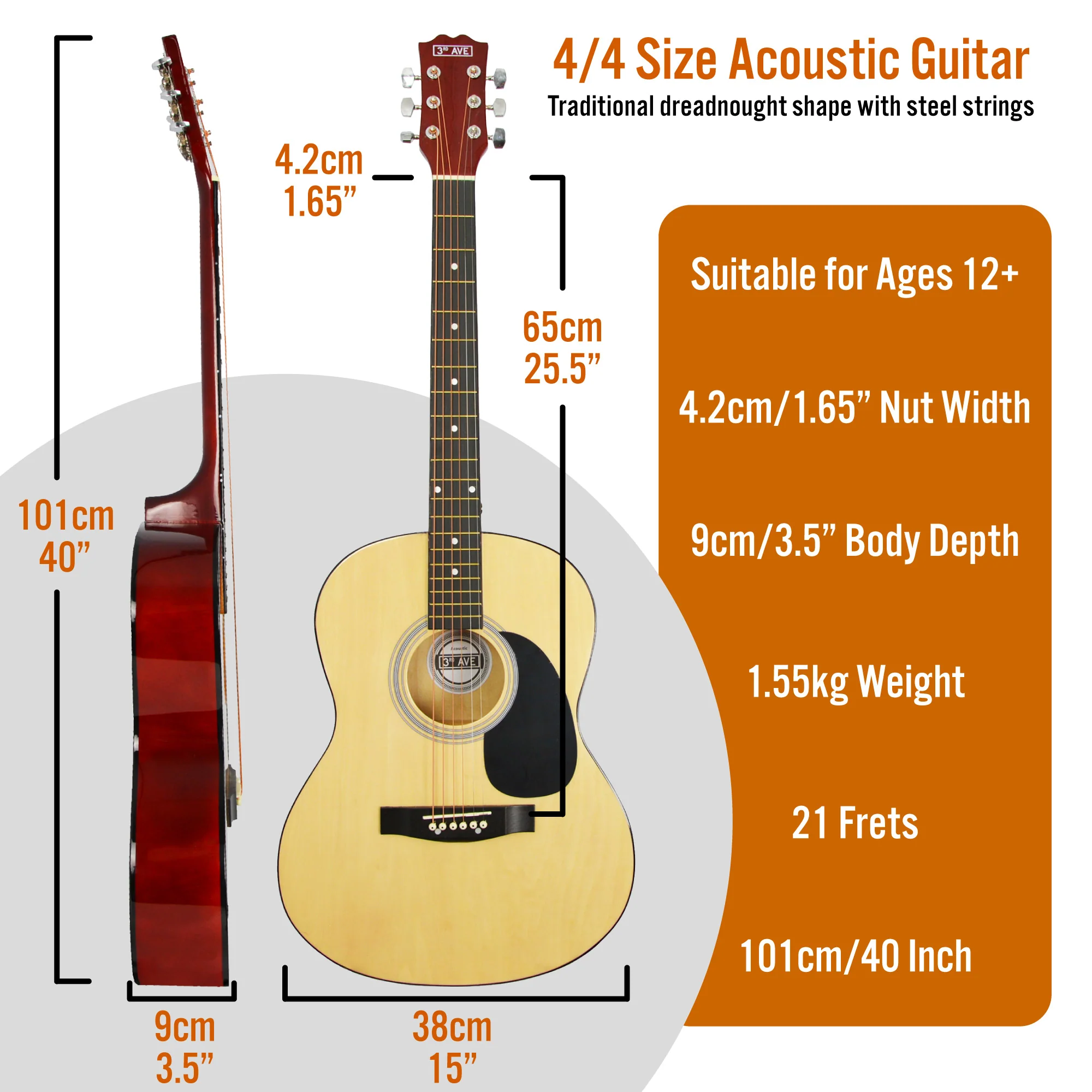 3rd Avenue Full Size Acoustic Guitar Premium Pack - Image 15