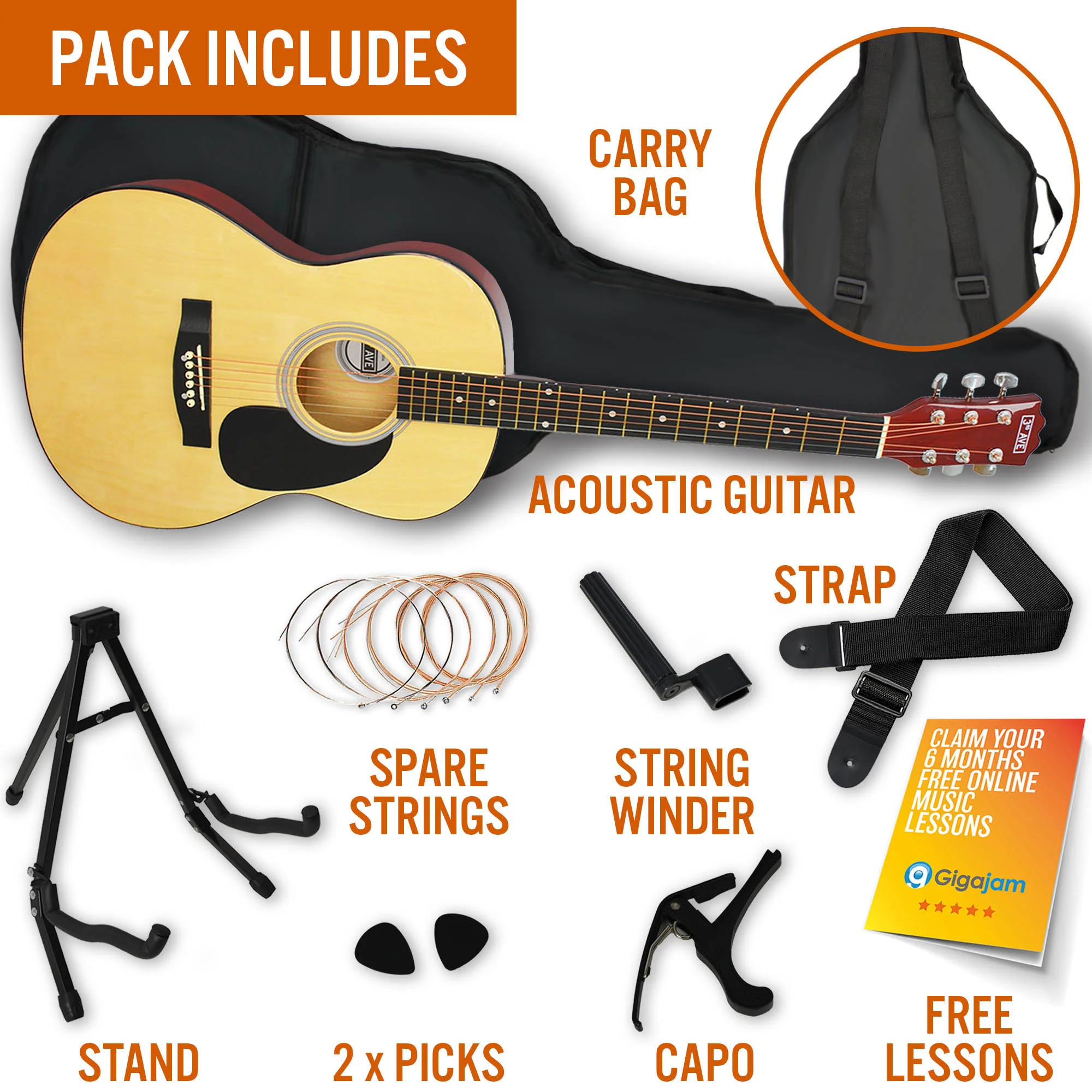 3rd Avenue Full Size Acoustic Guitar Premium Pack - Image 16