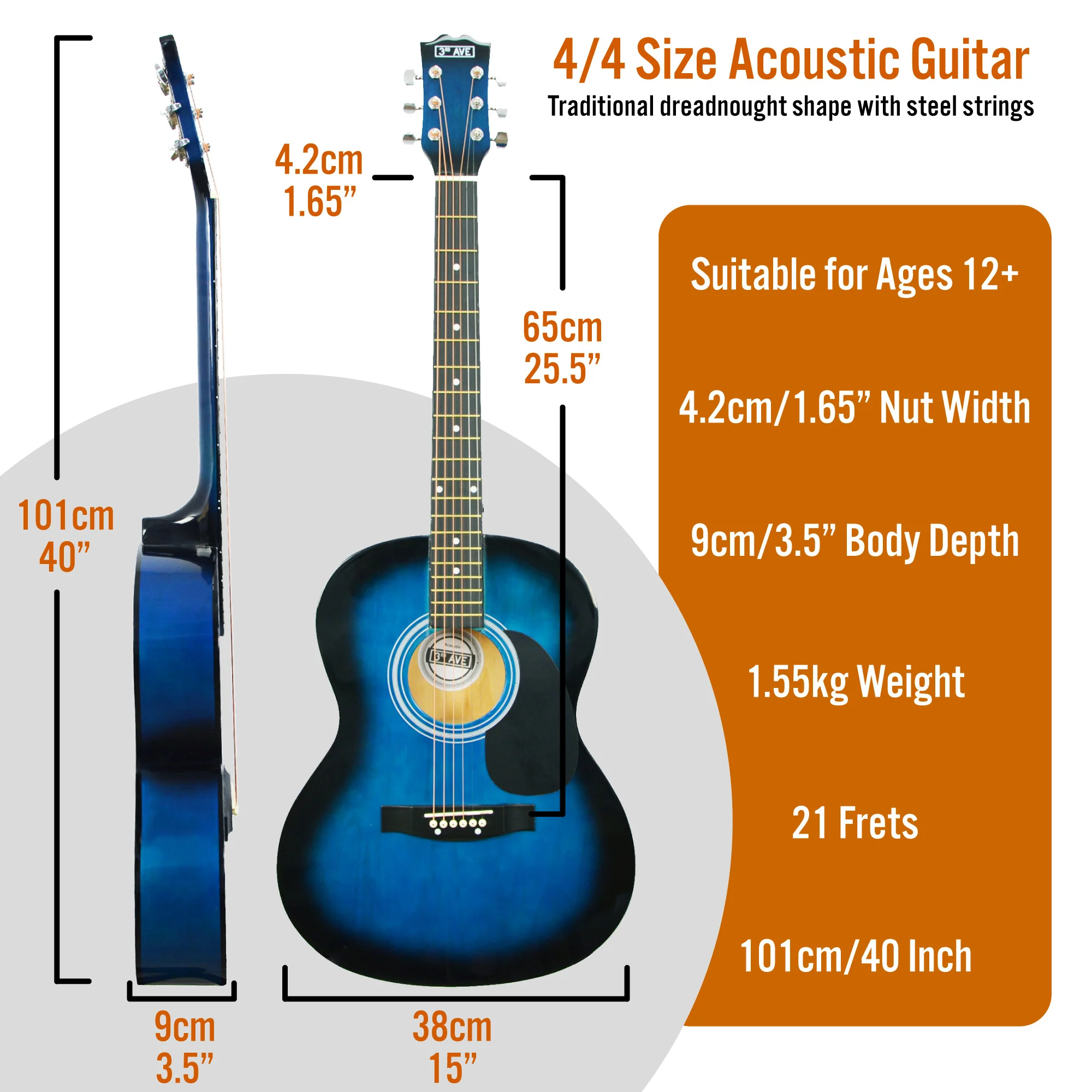 3rd Avenue Full Size Acoustic Guitar Premium Pack - Image 5