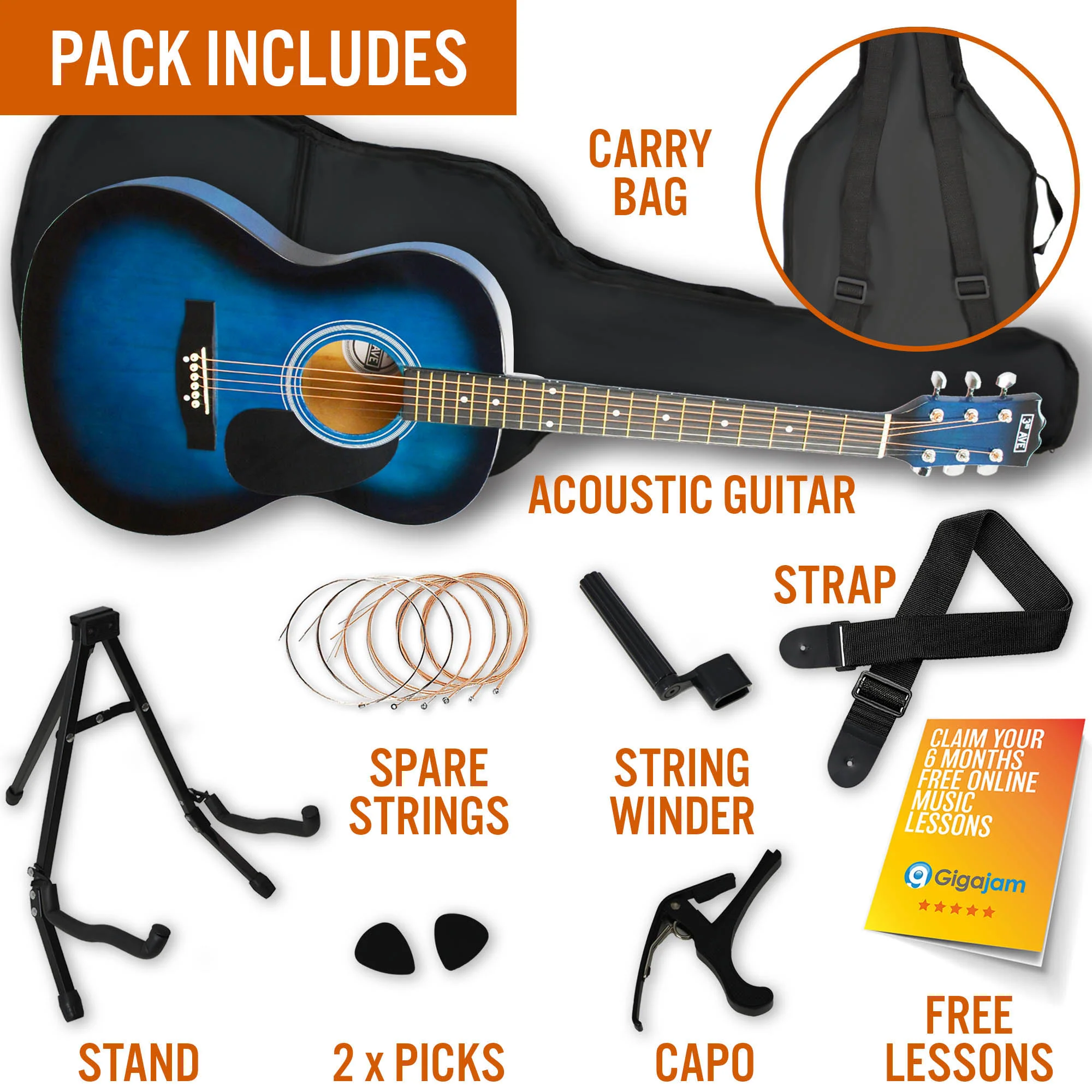3rd Avenue Full Size Acoustic Guitar Premium Pack - Image 6
