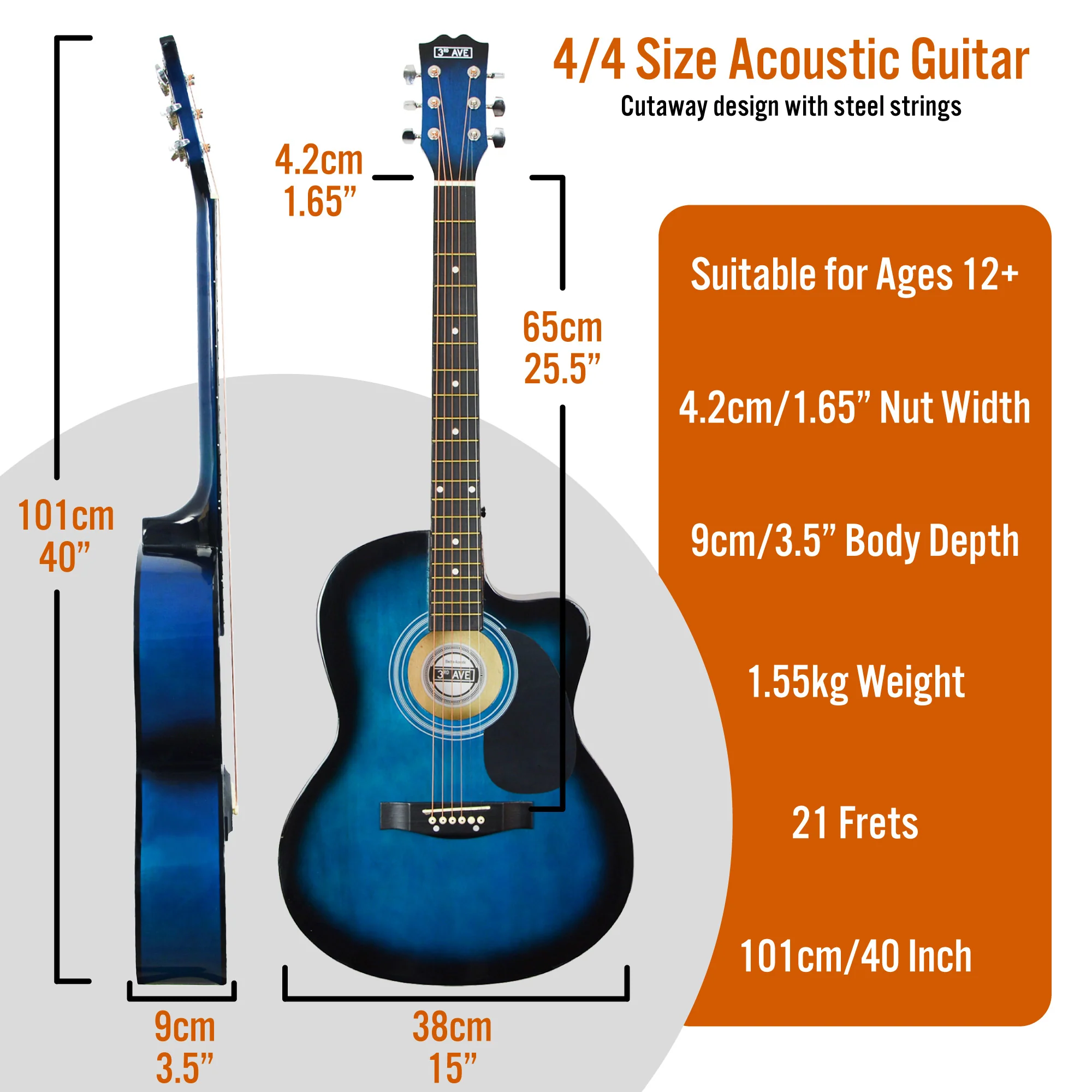 3rd Avenue Full Size Cutaway Acoustic Guitar Pack - Image 14