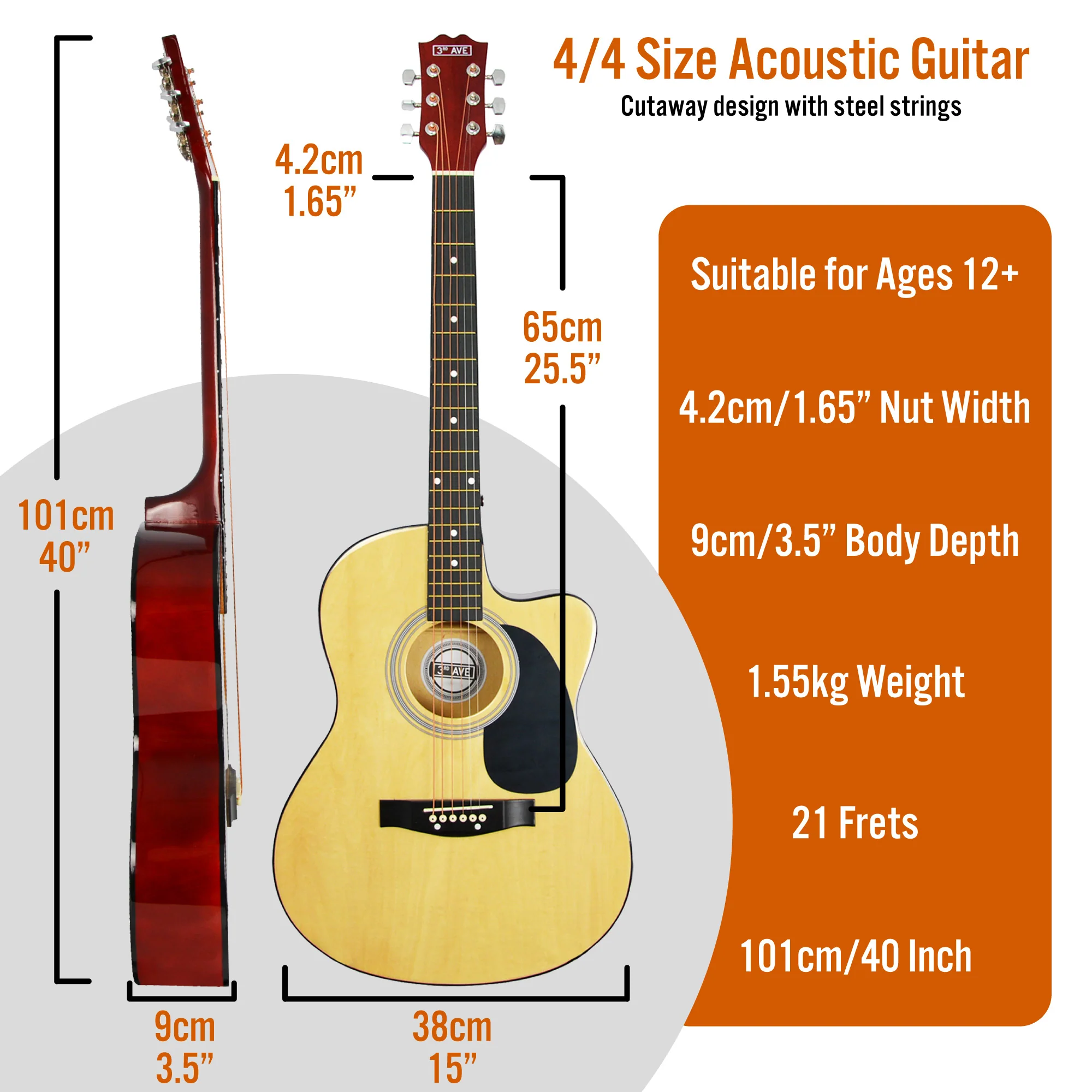 3rd Avenue Full Size Cutaway Acoustic Guitar Pack - Image 4