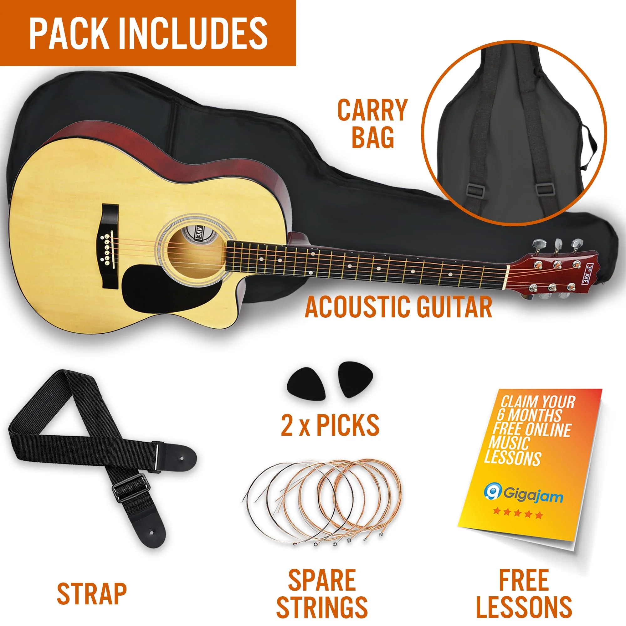 3rd Avenue Full Size Cutaway Acoustic Guitar Pack - Image 5