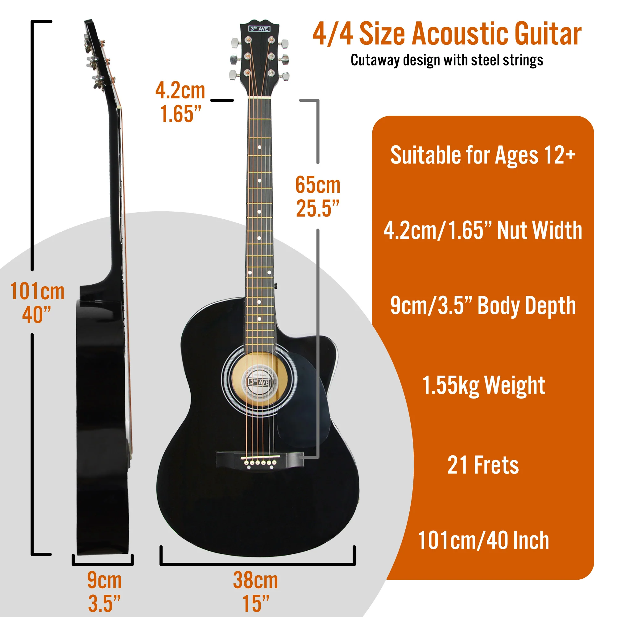 3rd Avenue Full Size Cutaway Acoustic Guitar Pack - Image 9