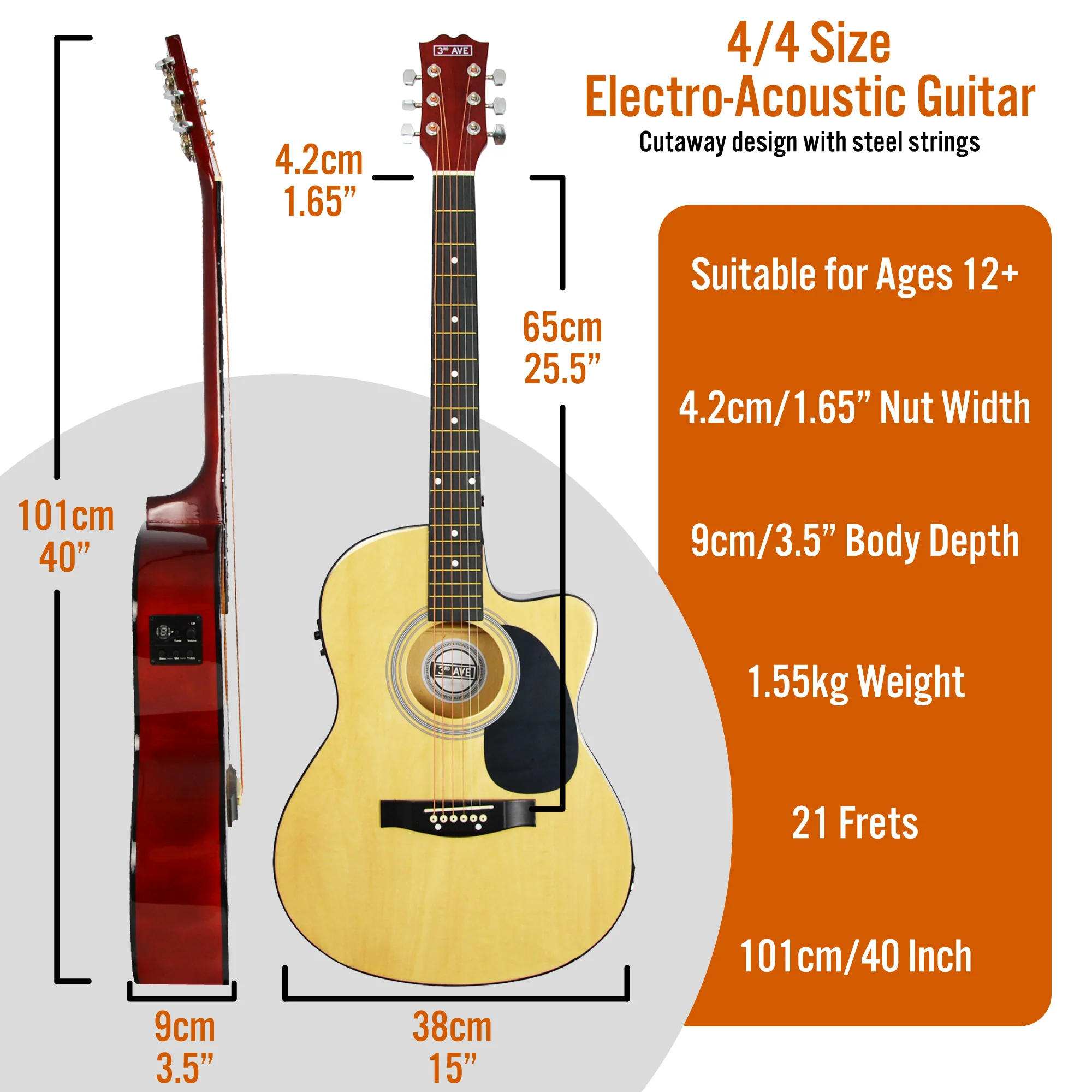 3rd Avenue Full Size Cutaway Electro Acoustic Guitar Pack - Image 14