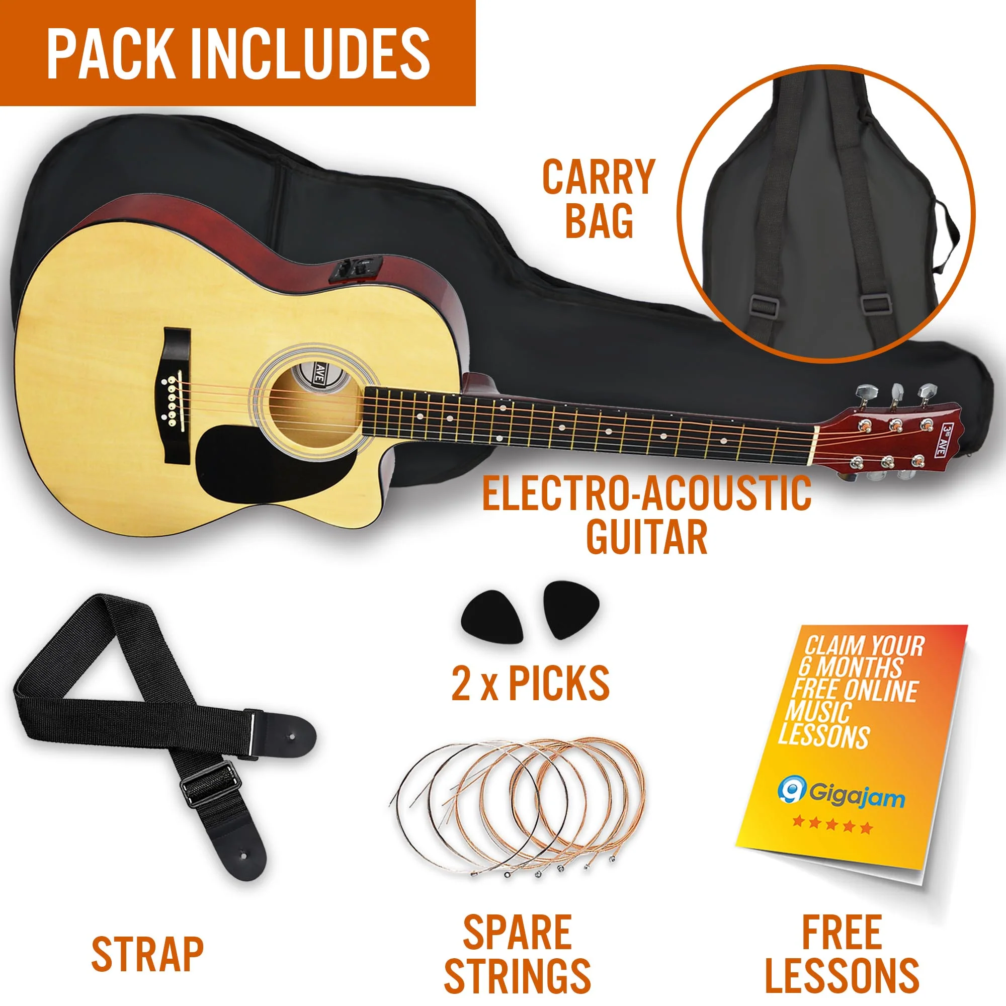 3rd Avenue Full Size Cutaway Electro Acoustic Guitar Pack - Image 15