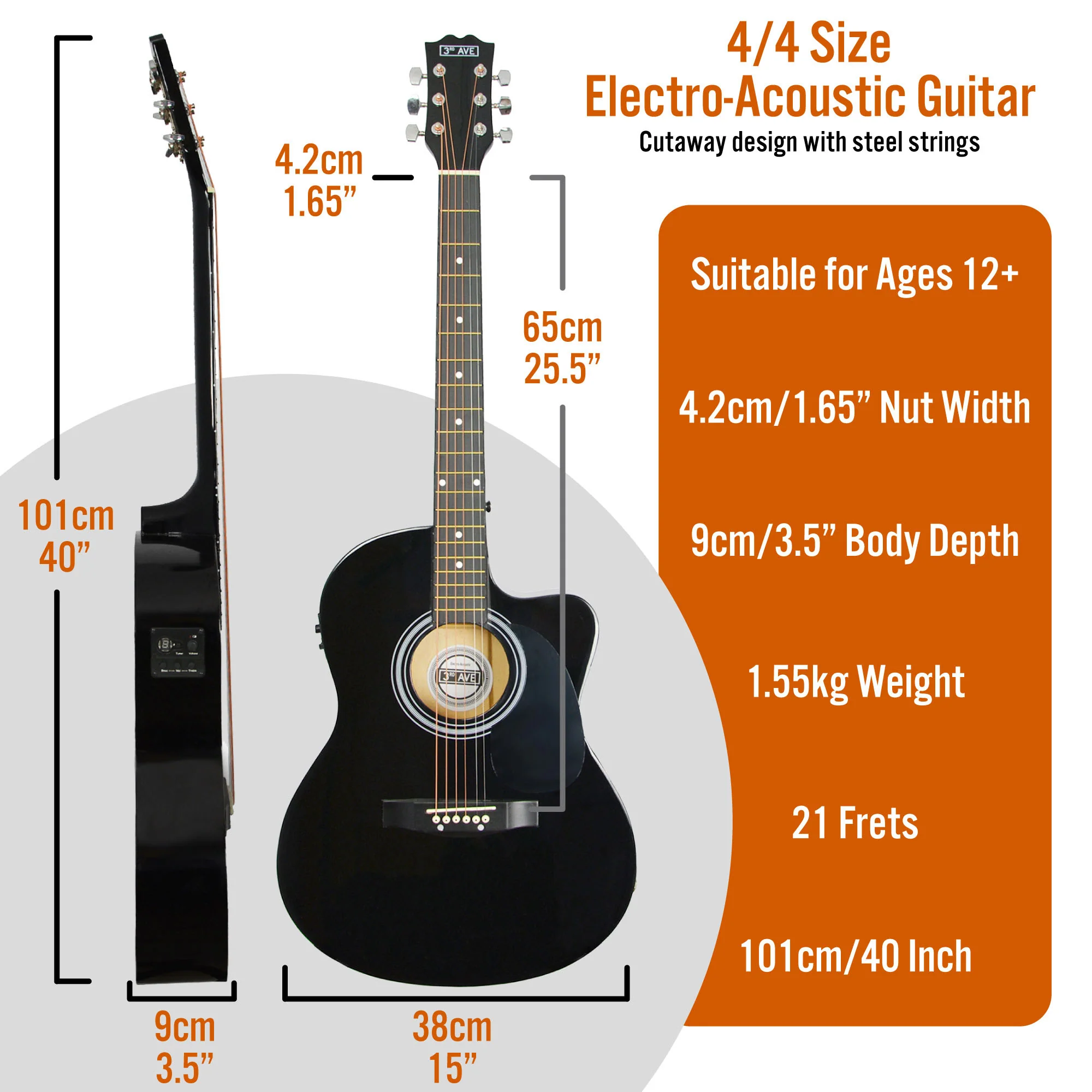 3rd Avenue Full Size Cutaway Electro Acoustic Guitar Pack - Image 4