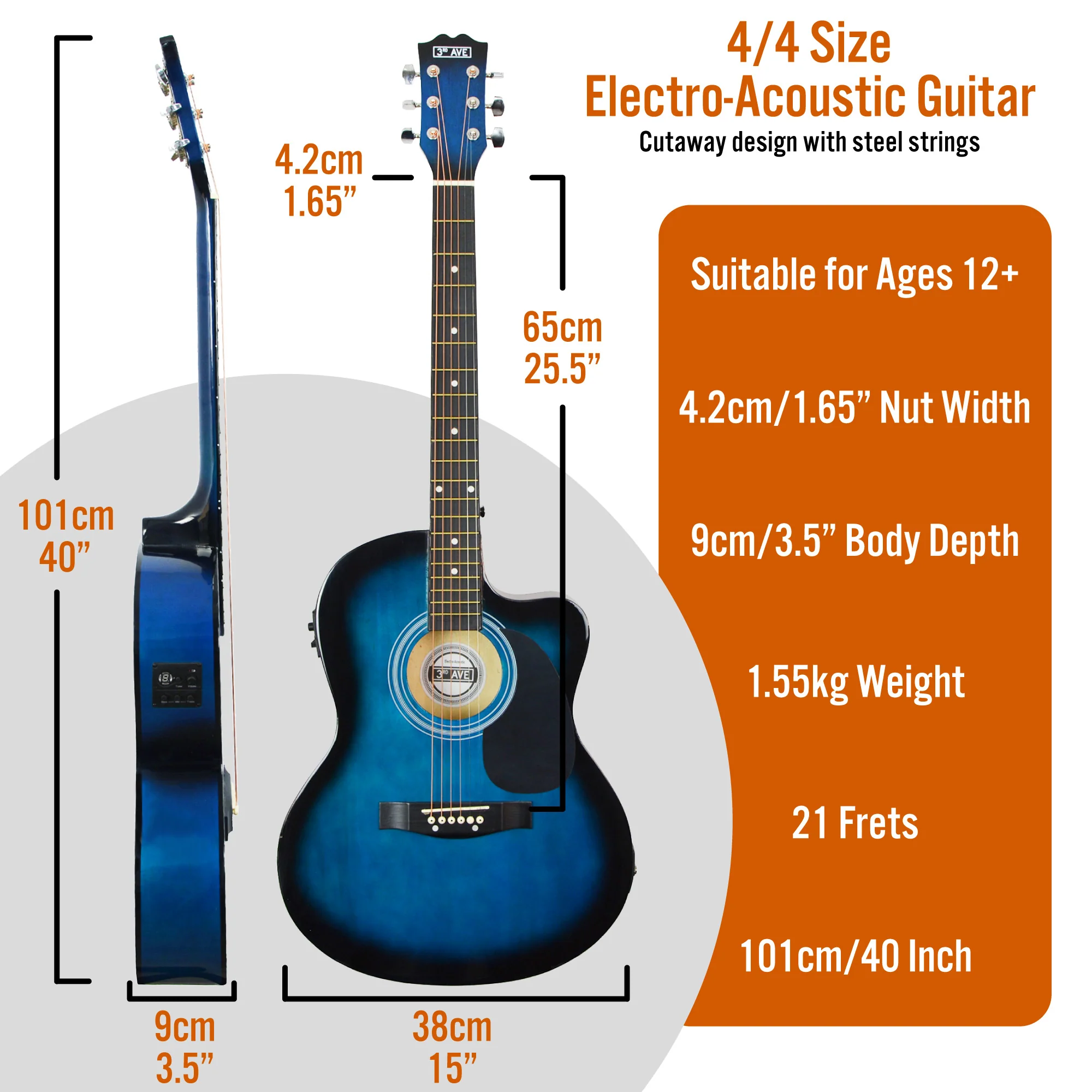 3rd Avenue Full Size Cutaway Electro Acoustic Guitar Pack - Image 9