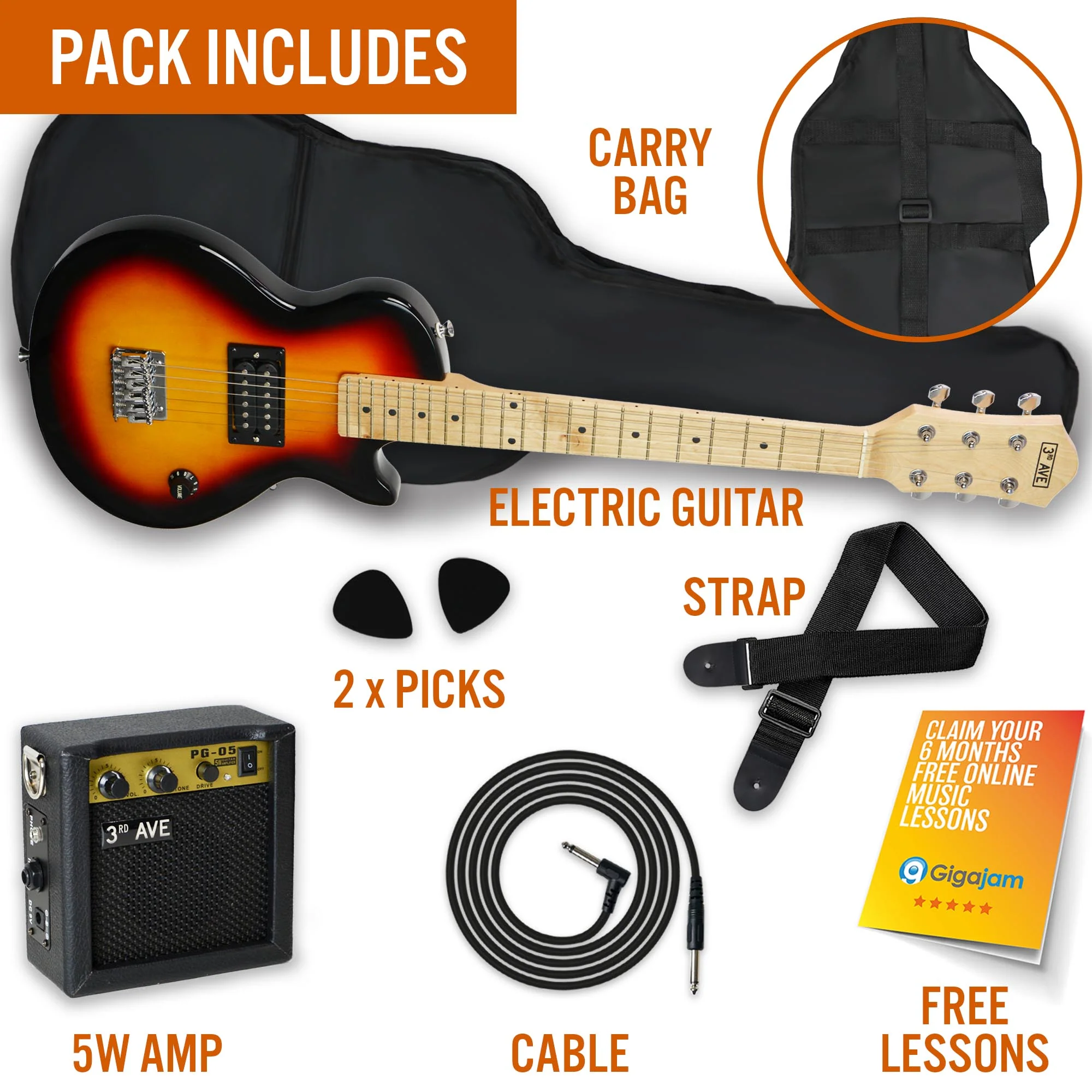 3rd Avenue Junior Electric Rock Guitar Pack - Sunburst - Image 3