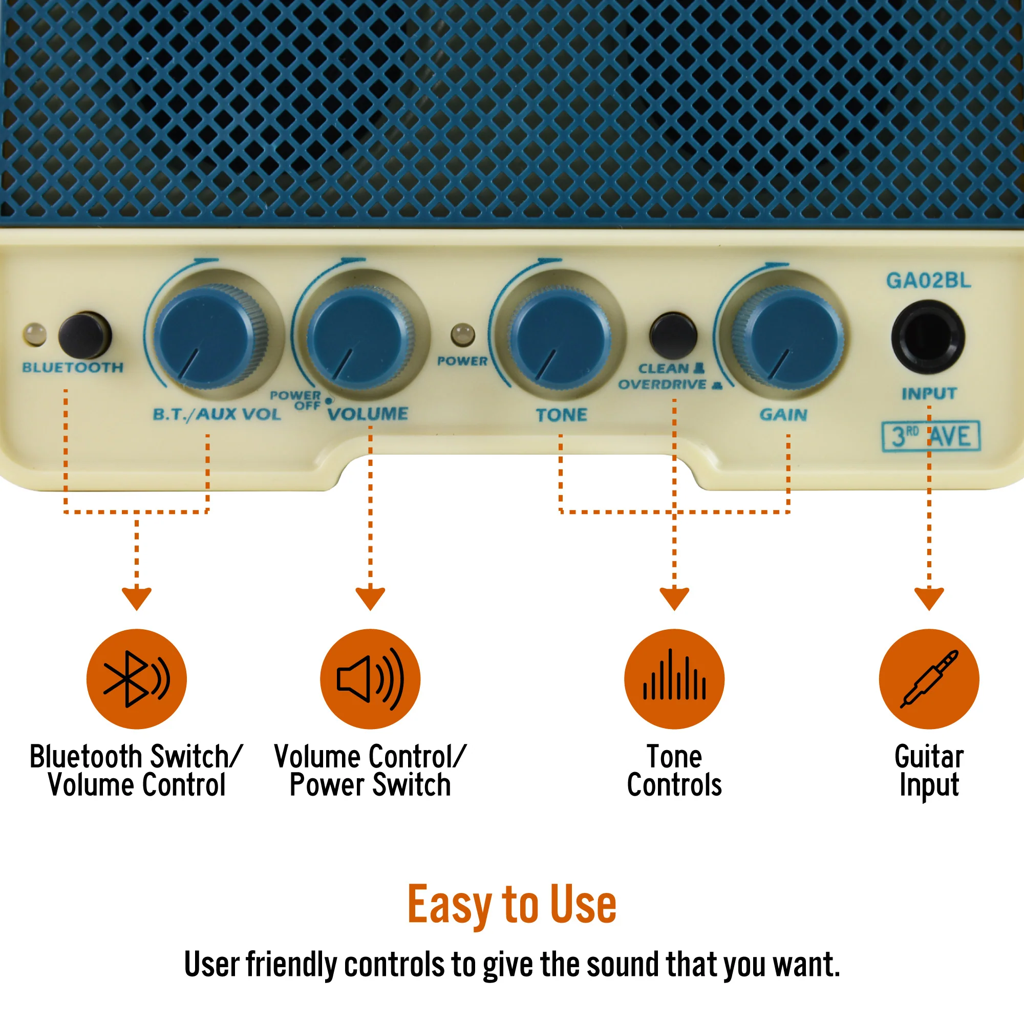 3rd Avenue 5W Mini Guitar Amplifier and Bluetooth Speaker - Space Blue and Cream - Image 3