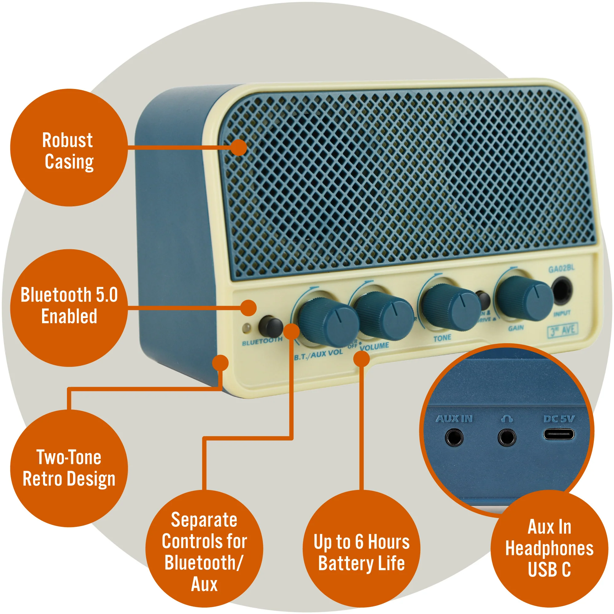 3rd Avenue 5W Mini Guitar Amplifier and Bluetooth Speaker - Space Blue and Cream - Image 4
