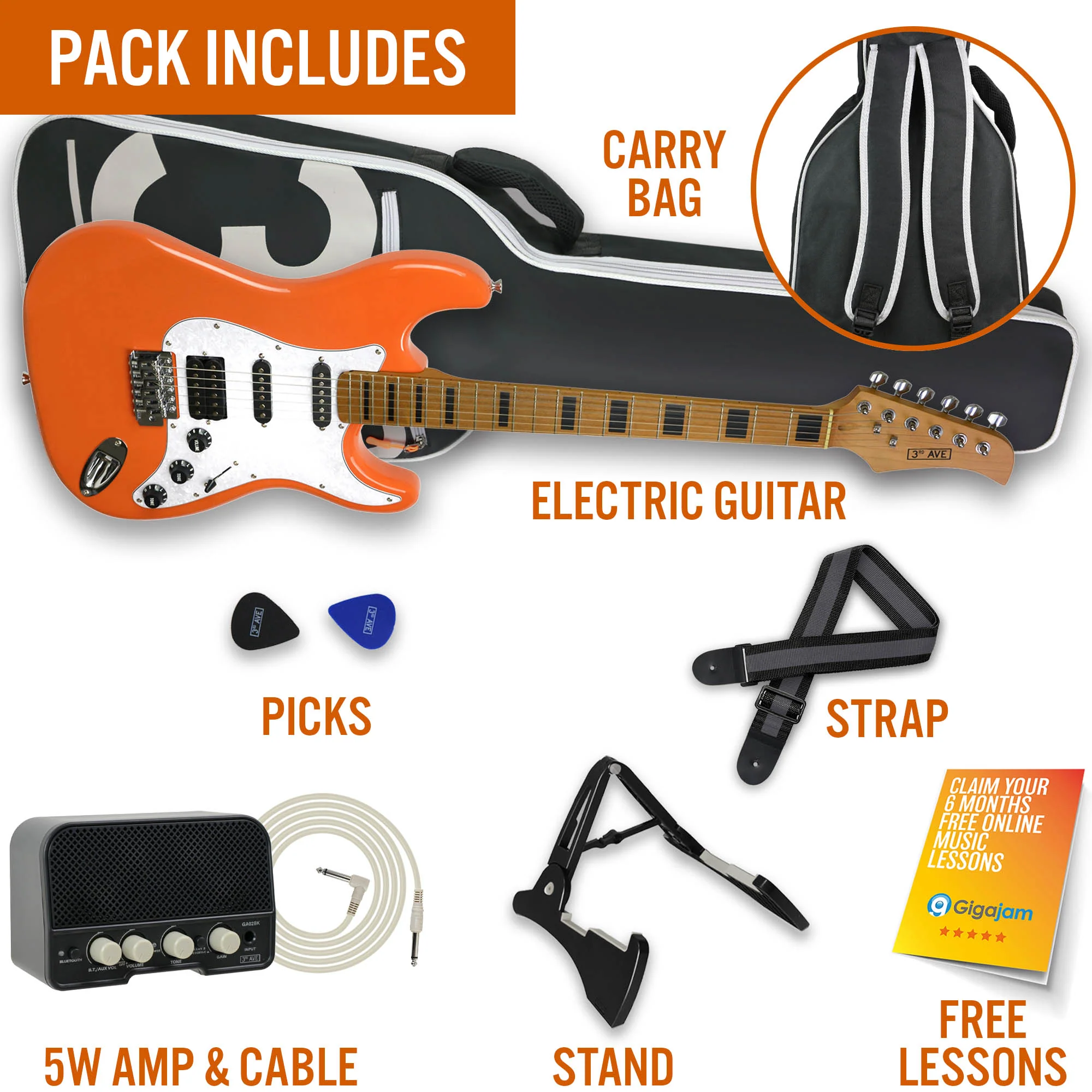 3rd Avenue Stateside Series Electric Guitar Pack - Canyon Orange - Image 3