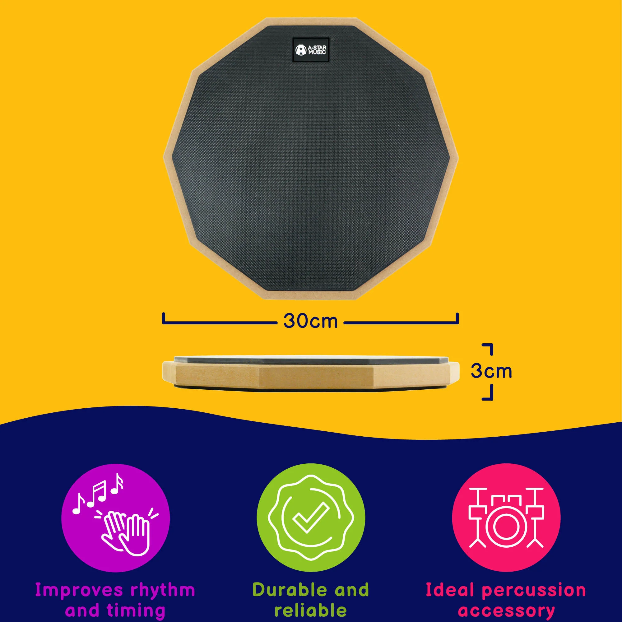 A-Star 12 Inch Drum Practice Pad and 5B Drum Sticks - Image 3
