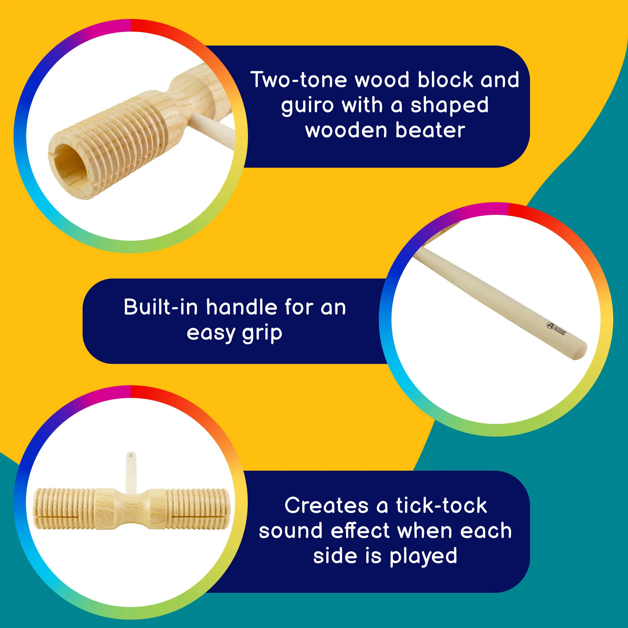 A-Star Two-Tone Wood Block Guiro with Beater - Image 2