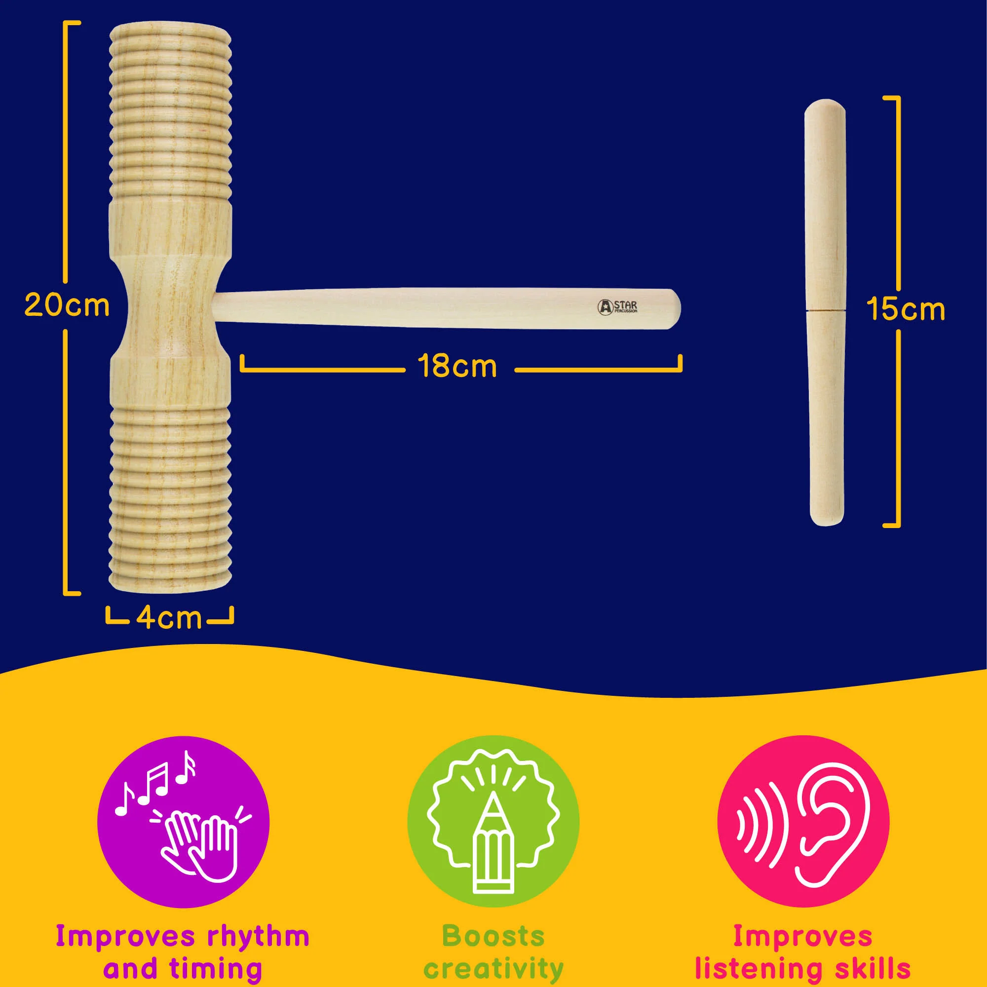 A-Star Two-Tone Wood Block Guiro with Beater - Image 3