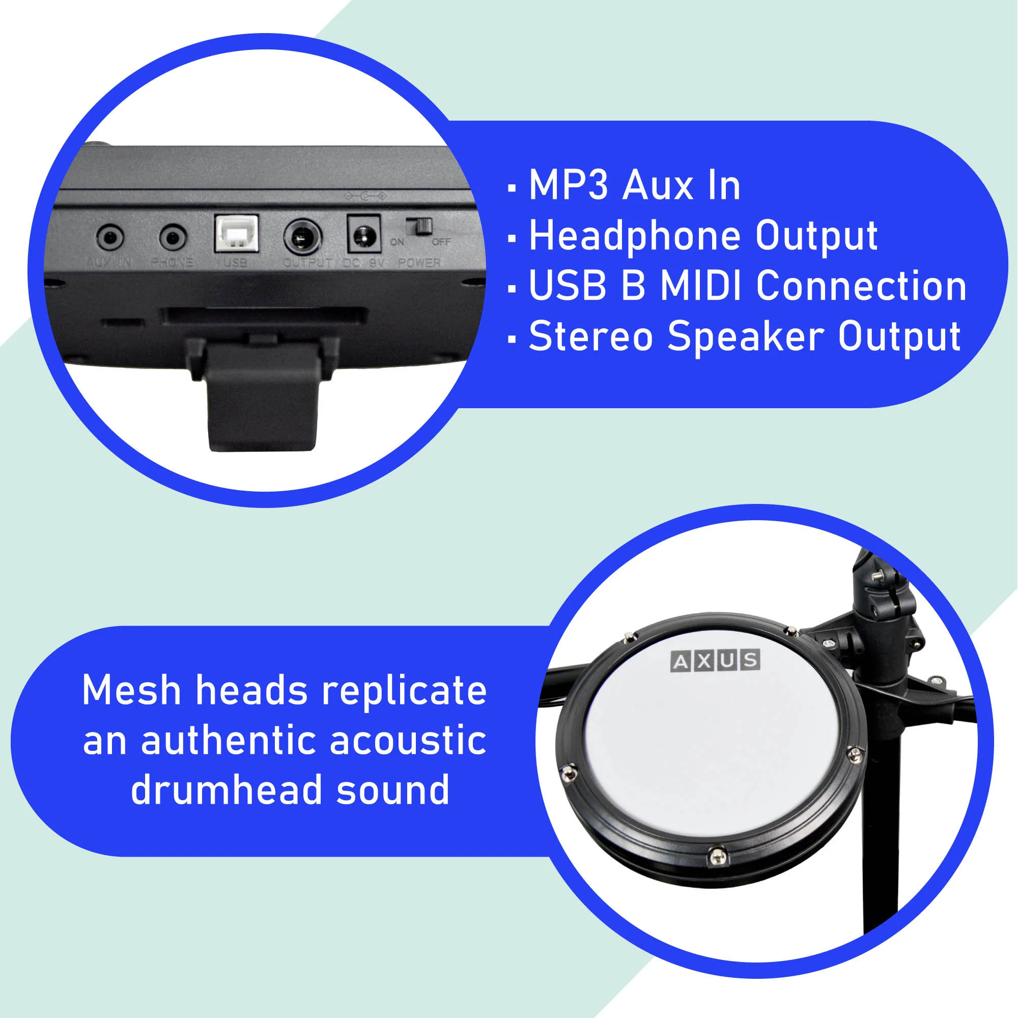 Axus AXK4 Electronic Drum Kit with Stool, Headphones and Sticks - Image 4