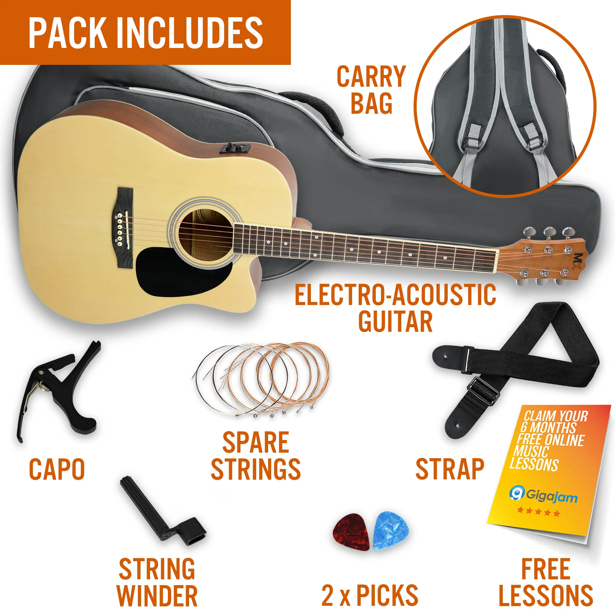 MX by 3rd Avenue Cutaway Electro Acoustic Guitar Pack - Image 4