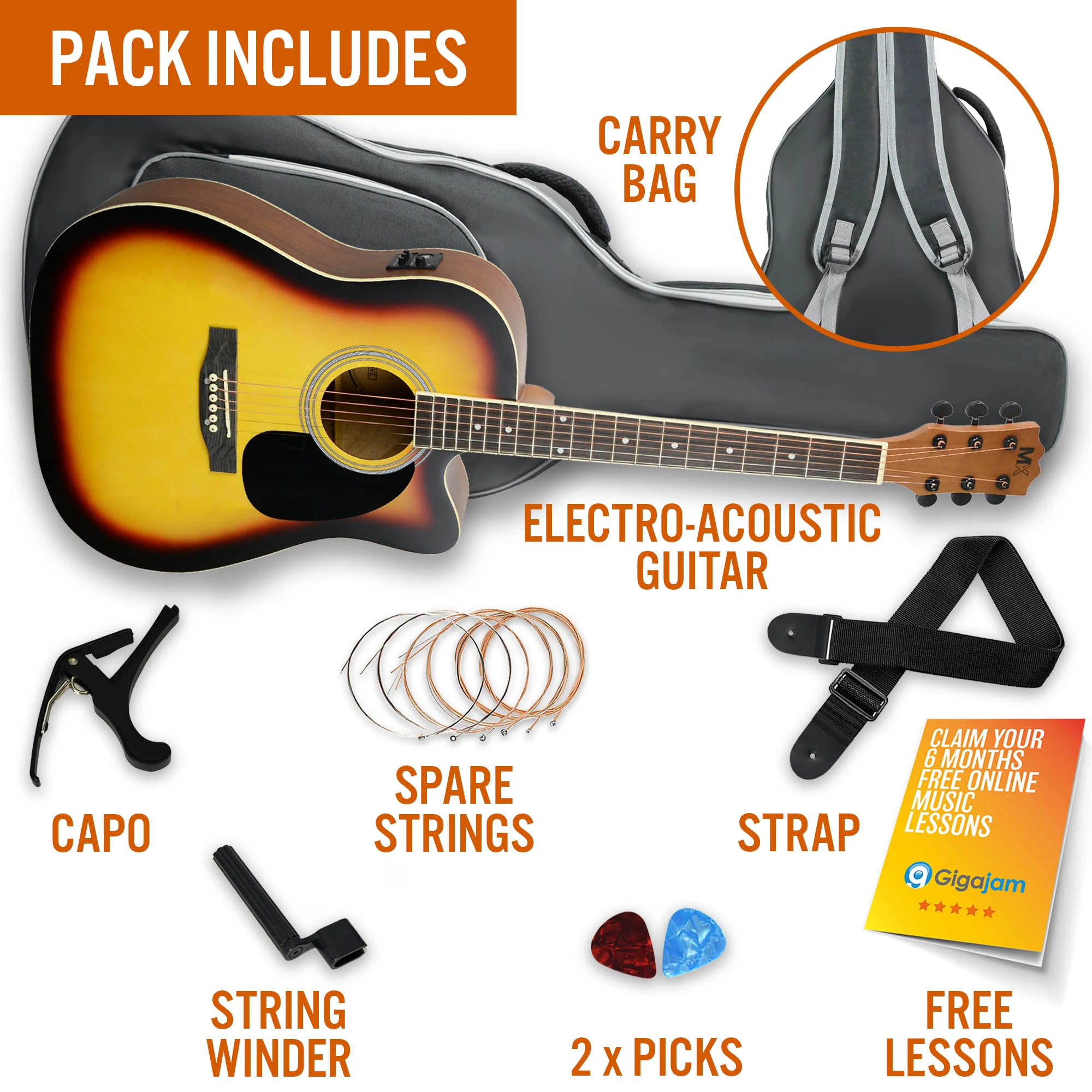 MX by 3rd Avenue Cutaway Electro Acoustic Guitar Pack - Image 9